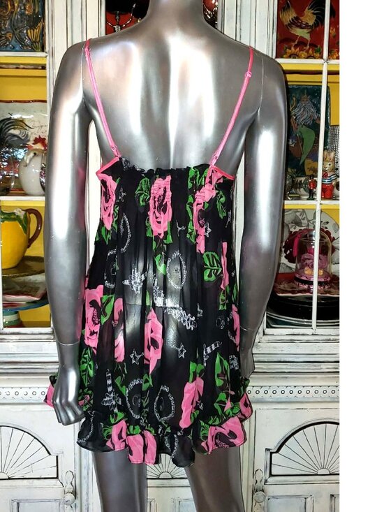 Vintage Betsey Johnson Slip Dress Y2K Black Floral Rose Jewelry Print Babydoll M - Picture 11 of 15